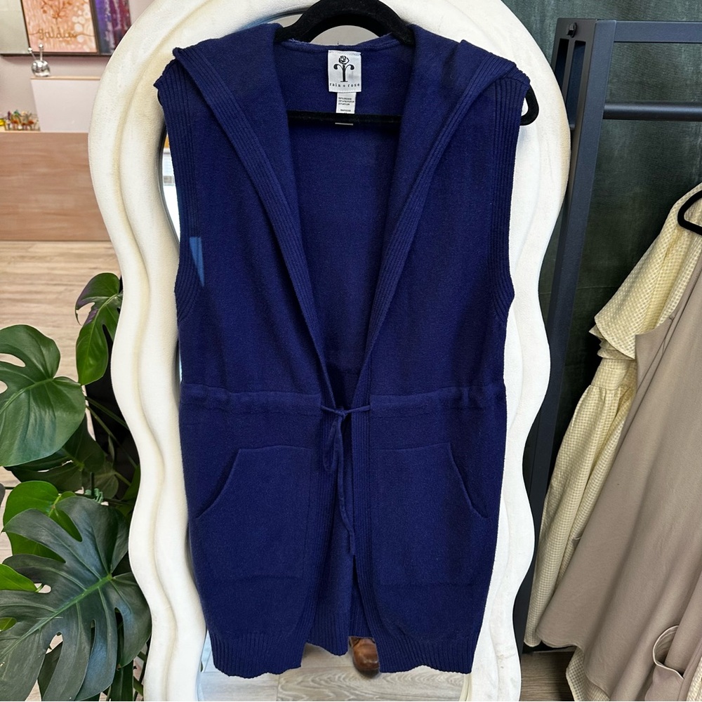 Rain + Rose blue open cardigan vest with hood NWT
